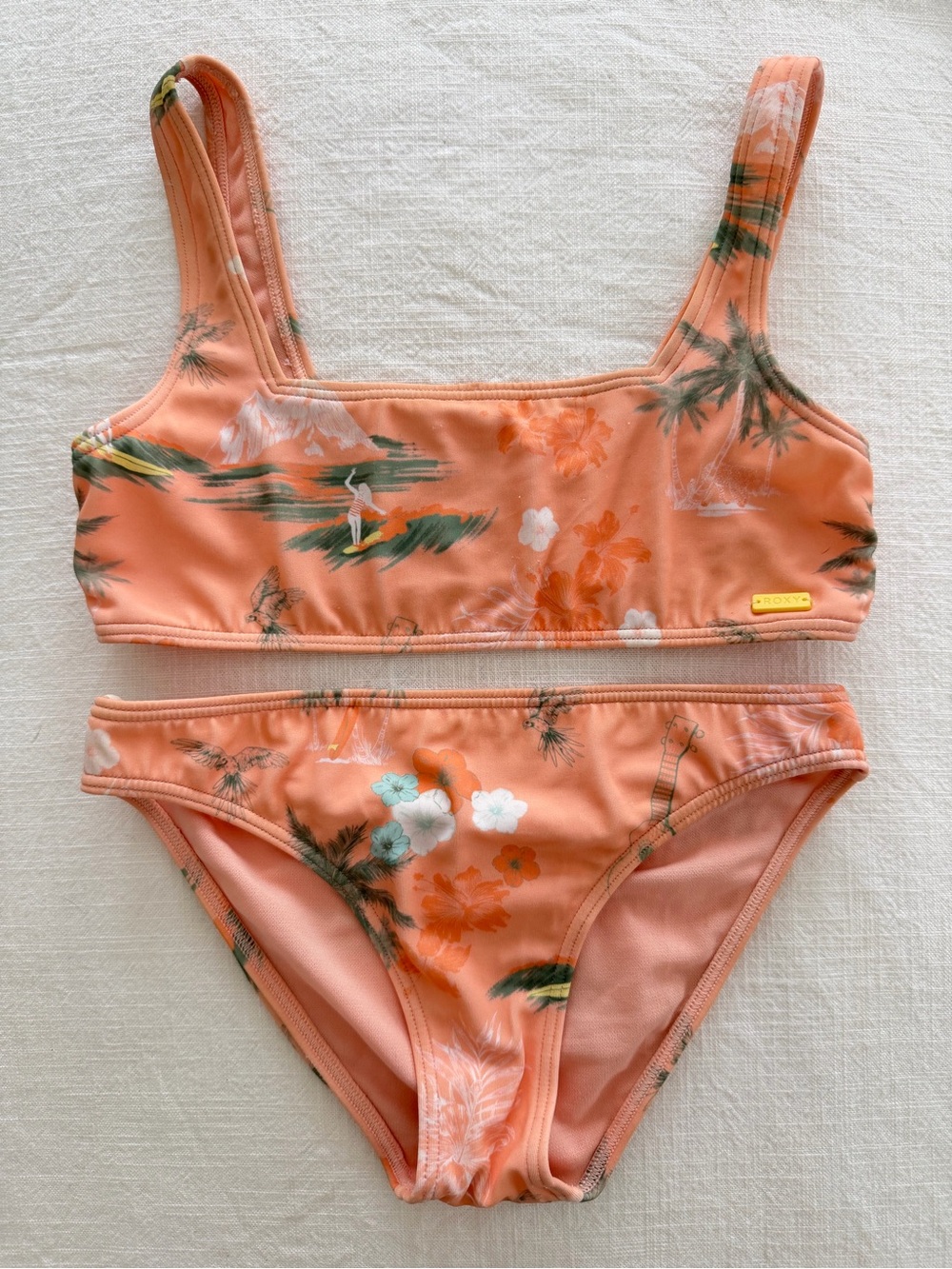 Roxy Girls Peach Tropical Print Bikini Set - Size 8